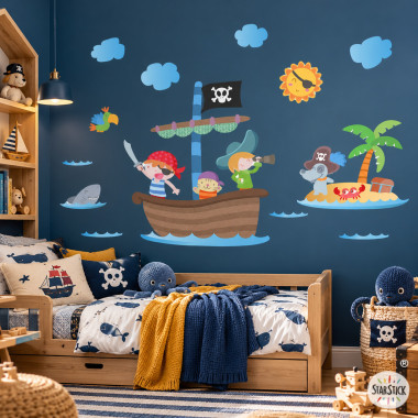 Vinilo infantil de piratas para niños con barco pirata, piratas, tiburón y elementos marinos en habitación infantil
