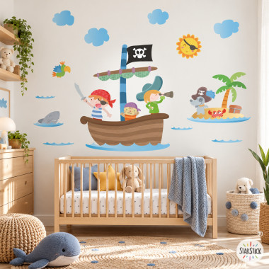 Vinilo infantil de piratas para niños con barco pirata, piratas, tiburón y elementos marinos en habitación infantil