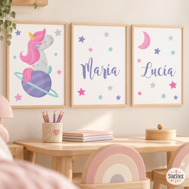 Licorne rêveuse - 3 Tableaux pour enfants. Personnalisez-les avec le nom