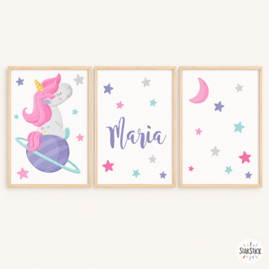 Dreamy Unicorn - 3 Children's paintings. Personalize them with the name
