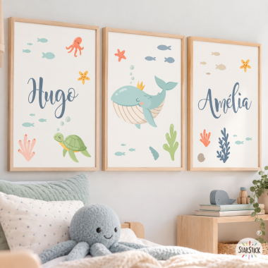 3 affiches décoratives pour fille - La baleine reine sous la mer