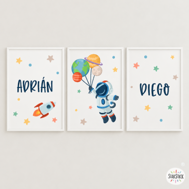 3 quadres infantils personalitzats - Astronauta amb planetes