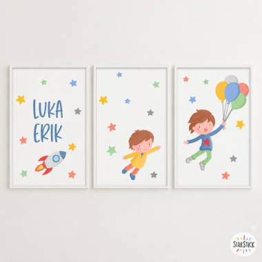 3 cuadros infantiles personalizados - Hermanos volando en globo