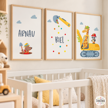 3 cuadros infantiles personalizables - Excavadora con animales