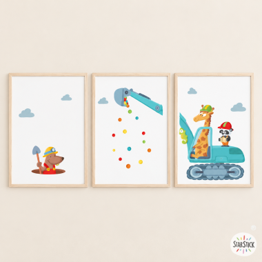 3 cuadros infantiles personalizables - Excavadora con animales