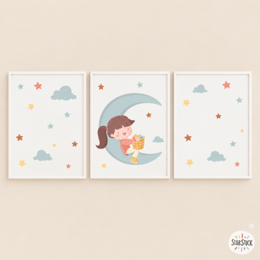 3 cadres enfants personnalisables -  Fille sur la lune