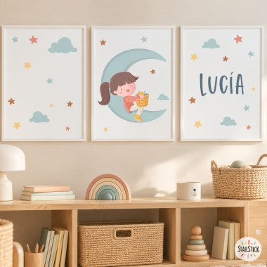 3 quadres infantils personalitzables - Nena a la lluna