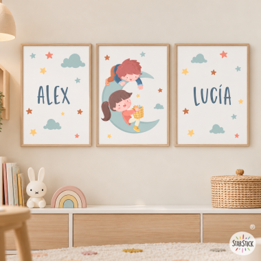 Niños en la luna. 3 cuadros infantiles personalizables para dormitorios infantiles