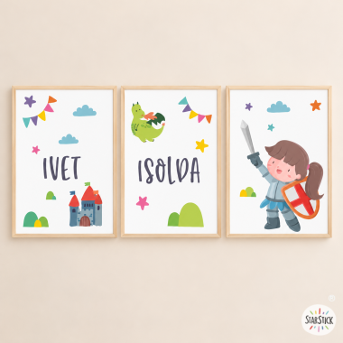 Pack de 3 Quadres infantils - Cavallera medieval - Decoració per a nenes