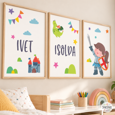 Pack de 3 Quadres infantils - Cavallera medieval - Decoració per a nenes