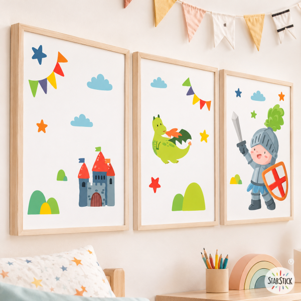 3 decorative kids’ wall art prints - Medieval knight for boys