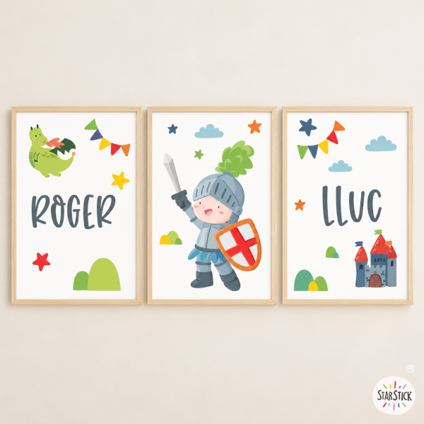 3 cuadros decorativos infantiles - Caballero medieval para niños