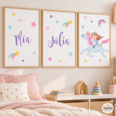 Nena amb unicorn - 3 Quadres infantils personalitzats amb nom
