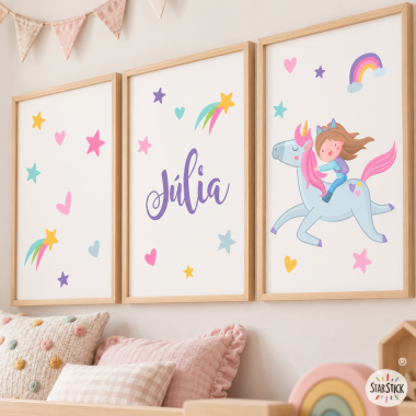 Nena amb unicorn - 3 Quadres infantils personalitzats amb nom