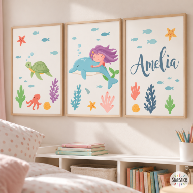 3 làmines infantils - Sirena amb dofí - Decoració per a nenes