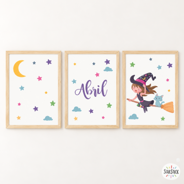 Pack of 3 customizable children's paintings - Flying witch
