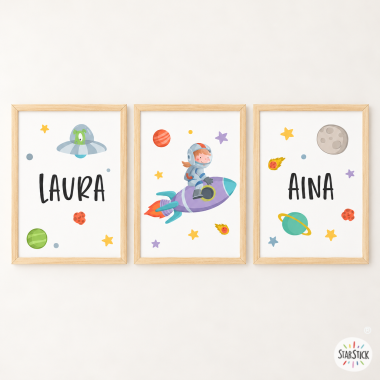 3 làmines personalitzades - Nena amb coet - Quadres per decorar habitacions infantils