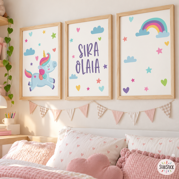 3 quadres infantils personalitzables - Unicorn - Decoració infantil