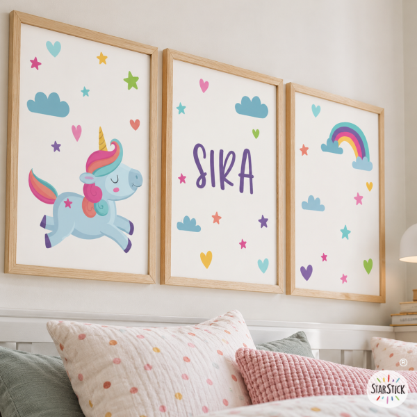 3 quadres infantils personalitzables - Unicorn - Decoració infantil