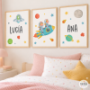 3 personalised wall art prints - Siblings in a rocket - Shared bedrooms