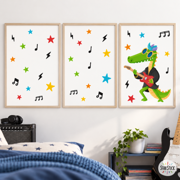 Pack de 3 Láminas Juveniles - Cocodrilo Rockero - Decoración Infantil Original