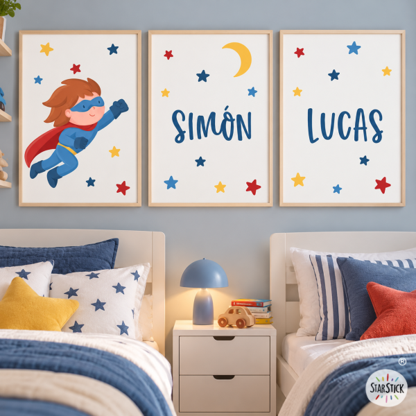 3 cuadros infantiles personalizables - Superhéroe StarStick - Decoración infantil