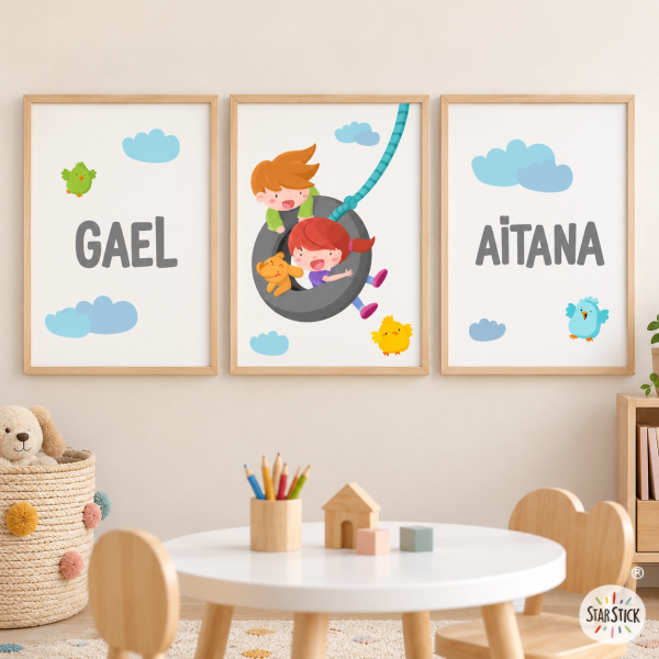 Pack de 3 Làmines infantils - Nens al gronxador - Decoració per a espais infantils