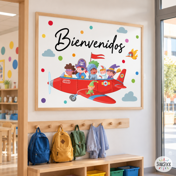 Cuadro infantil para centros educativos - Avión con personaje - Decoración escolar