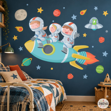 Kids wall sticker with 3 astronaut brothers in a rocket for a shared bedroom