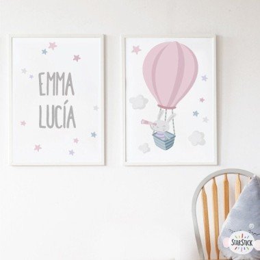 Pack de 2 láminas decorativas - Conejito explorador en globo rosa + Lámina con nombre