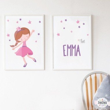 Pack de 2 làmines decoratives - Princesa infantil rosa + Làmina amb nom