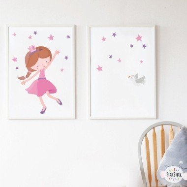 Pack de 2 láminas decorativas - Princesa infantil rosa + Lámina con nombre