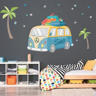 Surfer van wall sticker with palm trees and stars for kids bedroom surf style decor