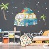 Sticker mural van surfer avec palmiers et étoiles pour chambre enfant décoration style surf