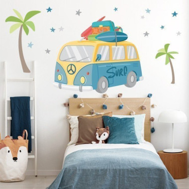 Surfer van wall sticker with palm trees and stars for kids bedroom surf style decor