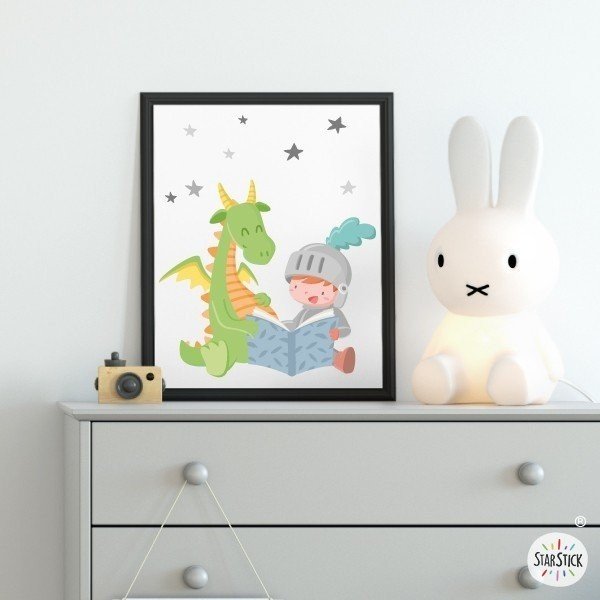 Children's decorative print - Dragon and knight reading a story