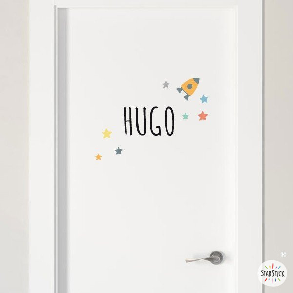 Nom amb petits coets - Vinil personalitzable - Nom per a portes