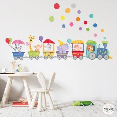 Vinilo infantiles bebé - Tren con animales y confeti de colores - decoración bebé original