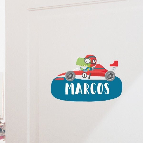 Coche de carreras con cocodrilo - Vinilo con nombre para puertas