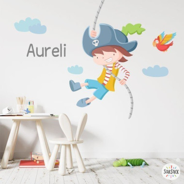 Vinilo infantil pirata niño con loro, pegatina adhesiva para decorar habitación infantil.