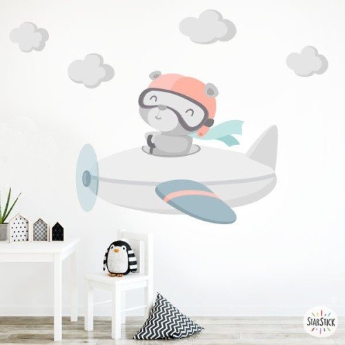 Stickers muraux pour bébés - Nounours aviateur