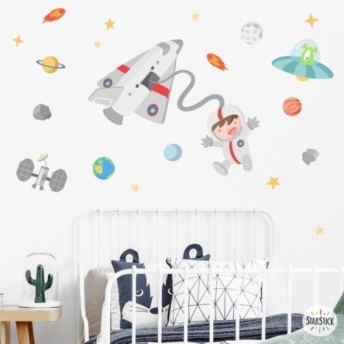 Sticker mural pour garçons et filles - Astronaute dans l'espace - Décoration pour enfants
