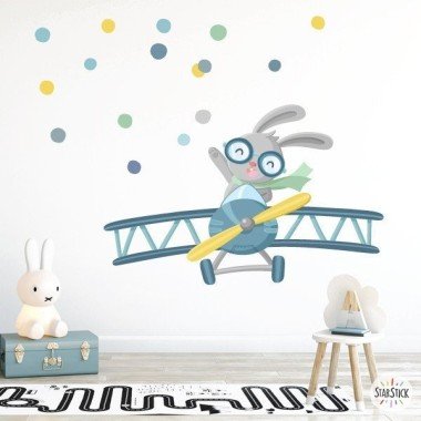 Sticker décoratif pour enfants - Avion avec lapin - Décoration pour bébés