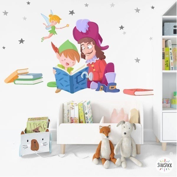 Vinilo decorativo - Peter Pan y Garfio leyendo - Ideas para decorar colegios y bibliotecas