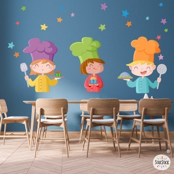 school wall decal cafeteria with three kids chefs colorful design stars educational wall decoration