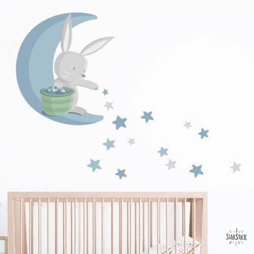 Lapin sur la lune distribuant des étoiles - Sticker mural bébé