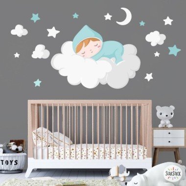 Bebé durmiendo en la nube blanca - Vinilos para bebé Vinilos infantiles Bebé Decora la habitación del bebé con éste dulce vinilo de pared. El vinilo incluye un bebé durmiendo en la nube, nubes pequeñas, una luna y estrellas. Vinilos infantiles llenos de ternura, fáciles de instalar y con diseños maravillosos.

 Medidas aproximadas del vinilo infantil montado (ancho x alto)Básico: 70x45 cmPequeño: 100x55 cmMediano: 150x70 cmGrande: 200x100 cmGigante:250x150 cm
AÑADE UN NOMBRE AL VINILO DESDE 9,99€ vinilos infantiles y bebé Starstick