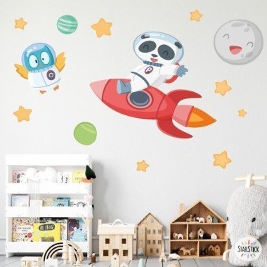 Sticker pour enfants - Ours panda avec fusée - Sticker décoratif pour enfants