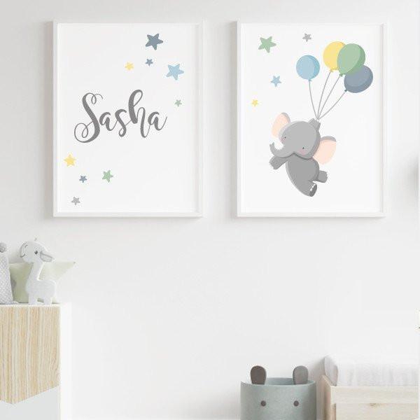 2 tableaux pour enfants. Éléphant avec des ballons. Décoration pour enfants.