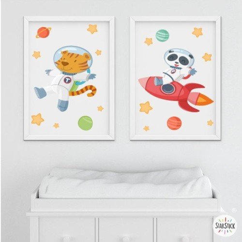 Pack de 2 láminas decorativas - Tigre + Panda con cohete